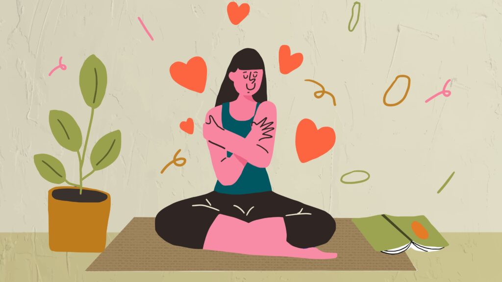 Illustratie van een vrouw in yogahouding die zichzelf omarmt – focus op hygiëne en zelfzorg