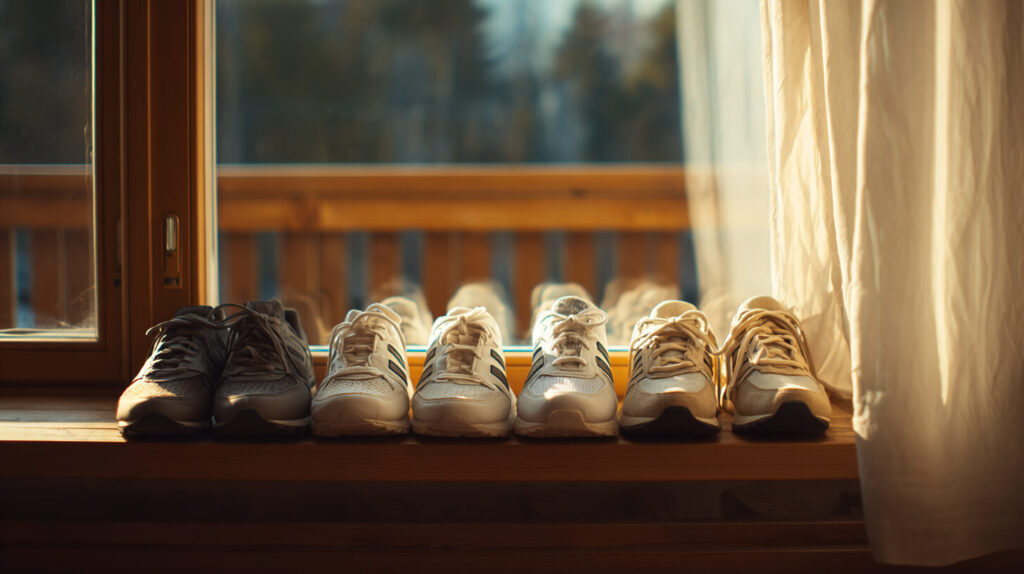 Rij hardloopschoenen op een vensterbank in de zon, geventileerd na intensief sporten ter preventie van kalknagel