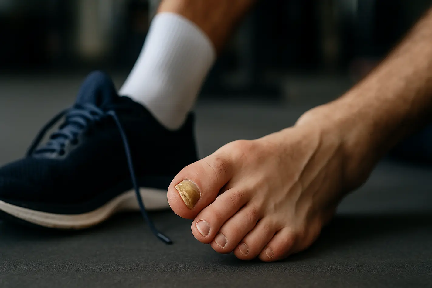 Atleet inspecteert voet met schimmelinfectie nagels na zware sportbelasting voeten