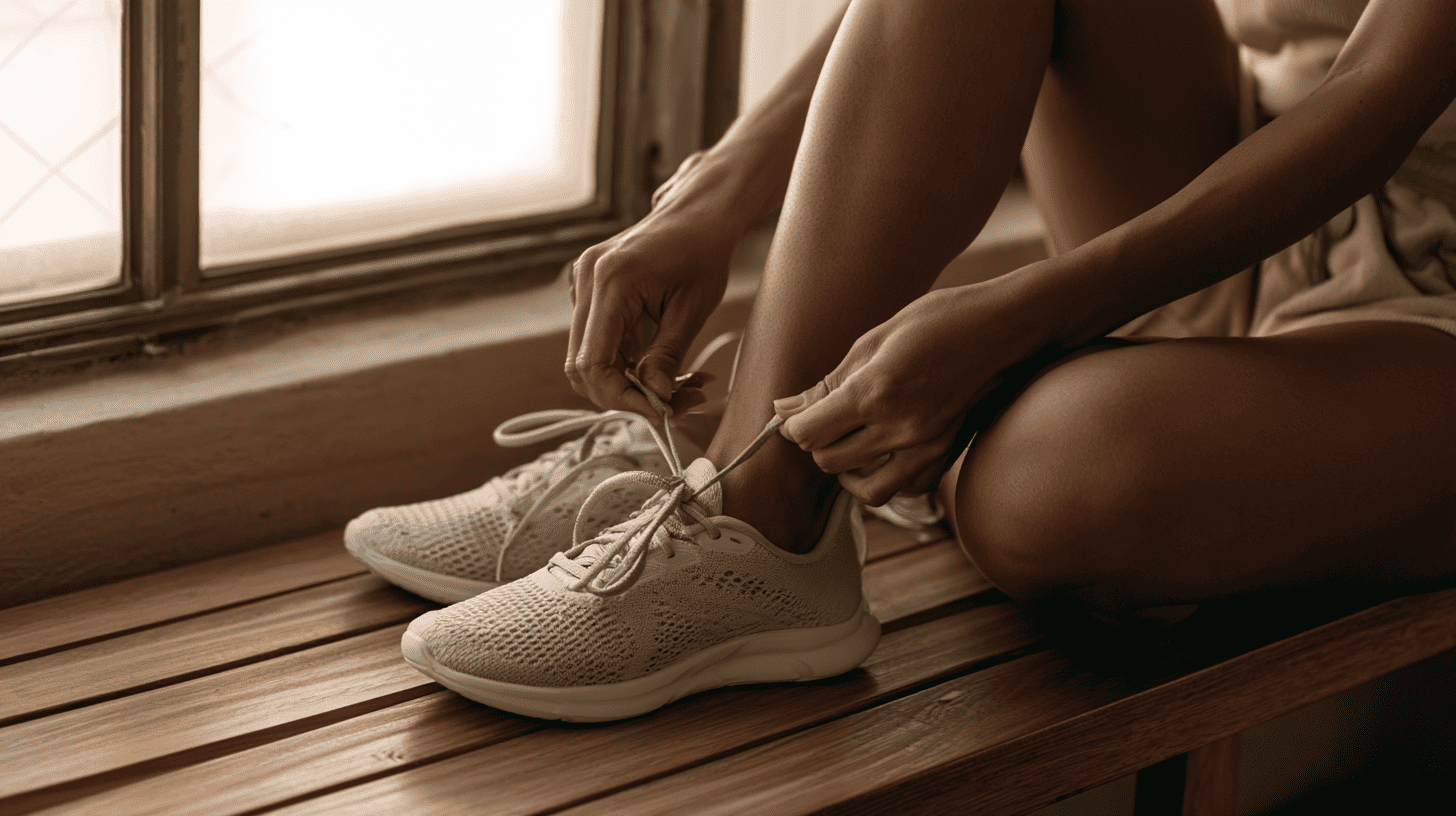 Persoon trekt sneakers aan met de nadruk op de tenen, relevant bij voetpijn door een kalknagel